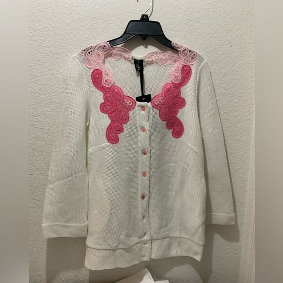 NEW ITALY TRICOT CHIC NEW  EMBROIDERED FRONT WHITE PINK SWEATER 10   COTTON 100% - Picture 1 of 10